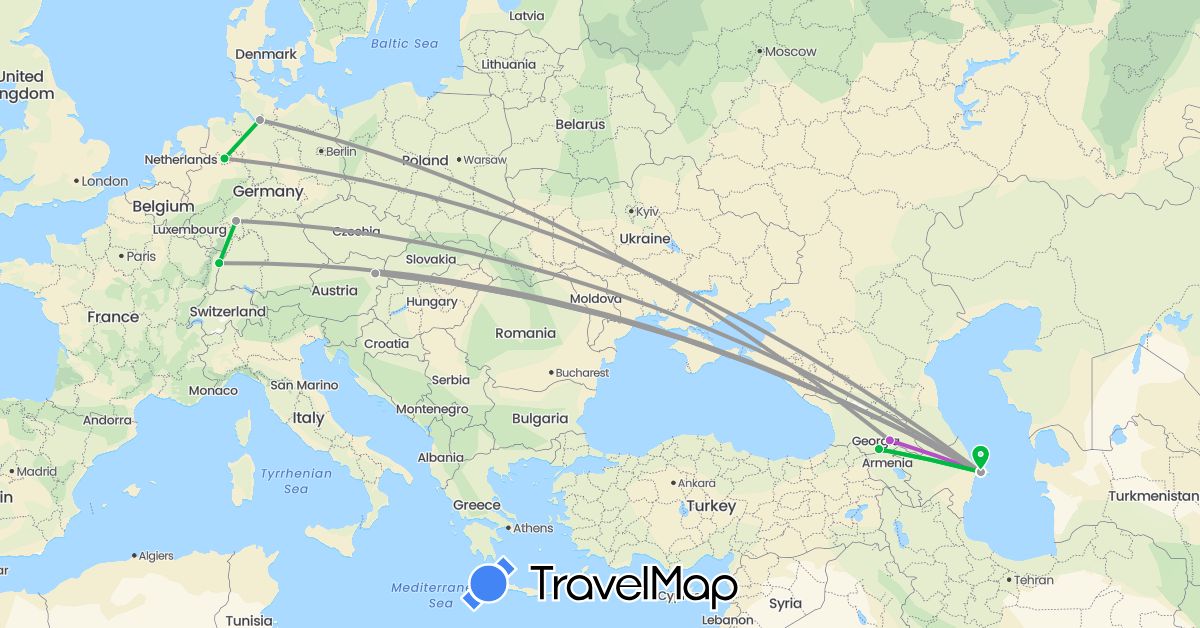 TravelMap itinerary: driving, bus, plane, train in Austria, Azerbaijan, Germany, France, Georgia (Asia, Europe)